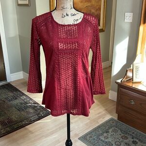 Lucky Brand Wine Color, Small Top, Lace Front,3/4 Sleeves